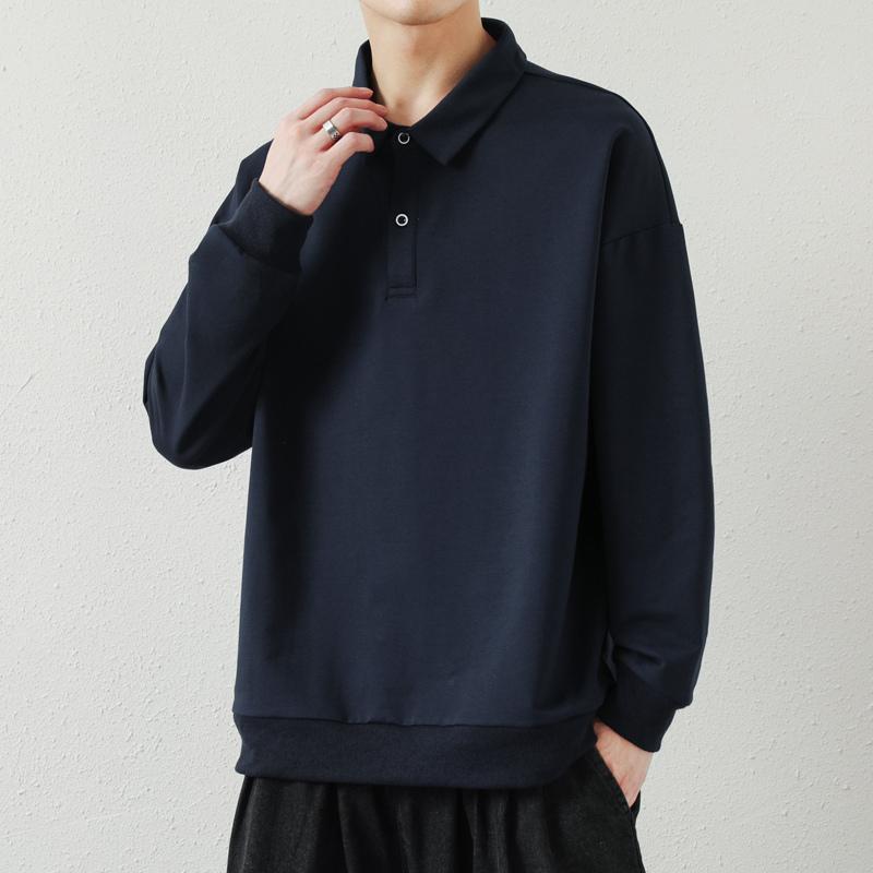 New Autumn Men's Long-sleeved POLO Shirt Plus Velvet Thickened Solid Color Versatile Cotton Lapel Pullover Sweatshirt