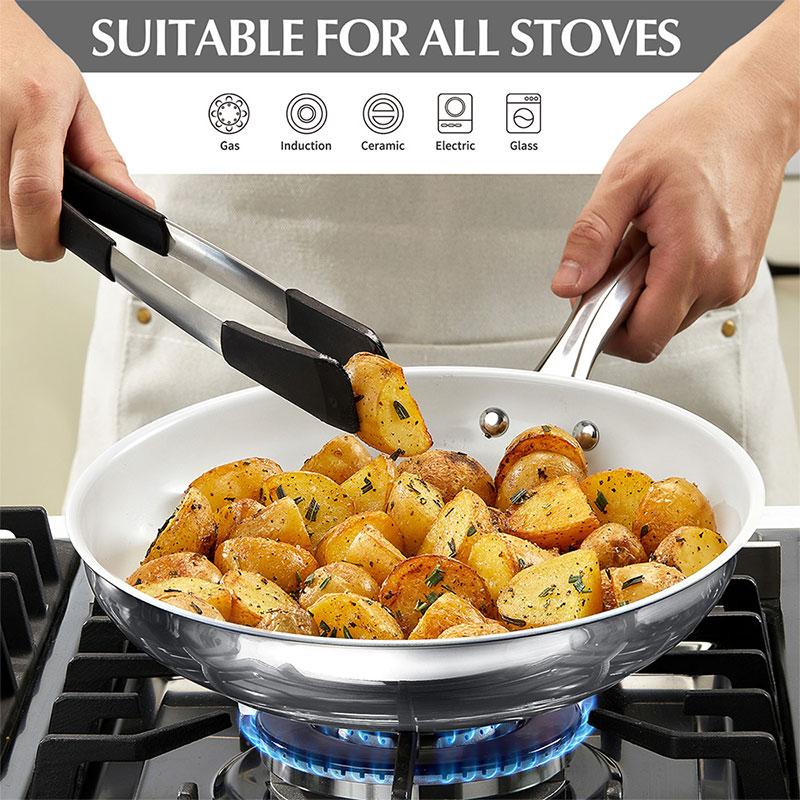 Premium Stainless Steel Frying Pan Skillets 8 Inch Kitchen Cooking Pan Nonstick White Ceramic Coating Egg Frying Pan with Lid