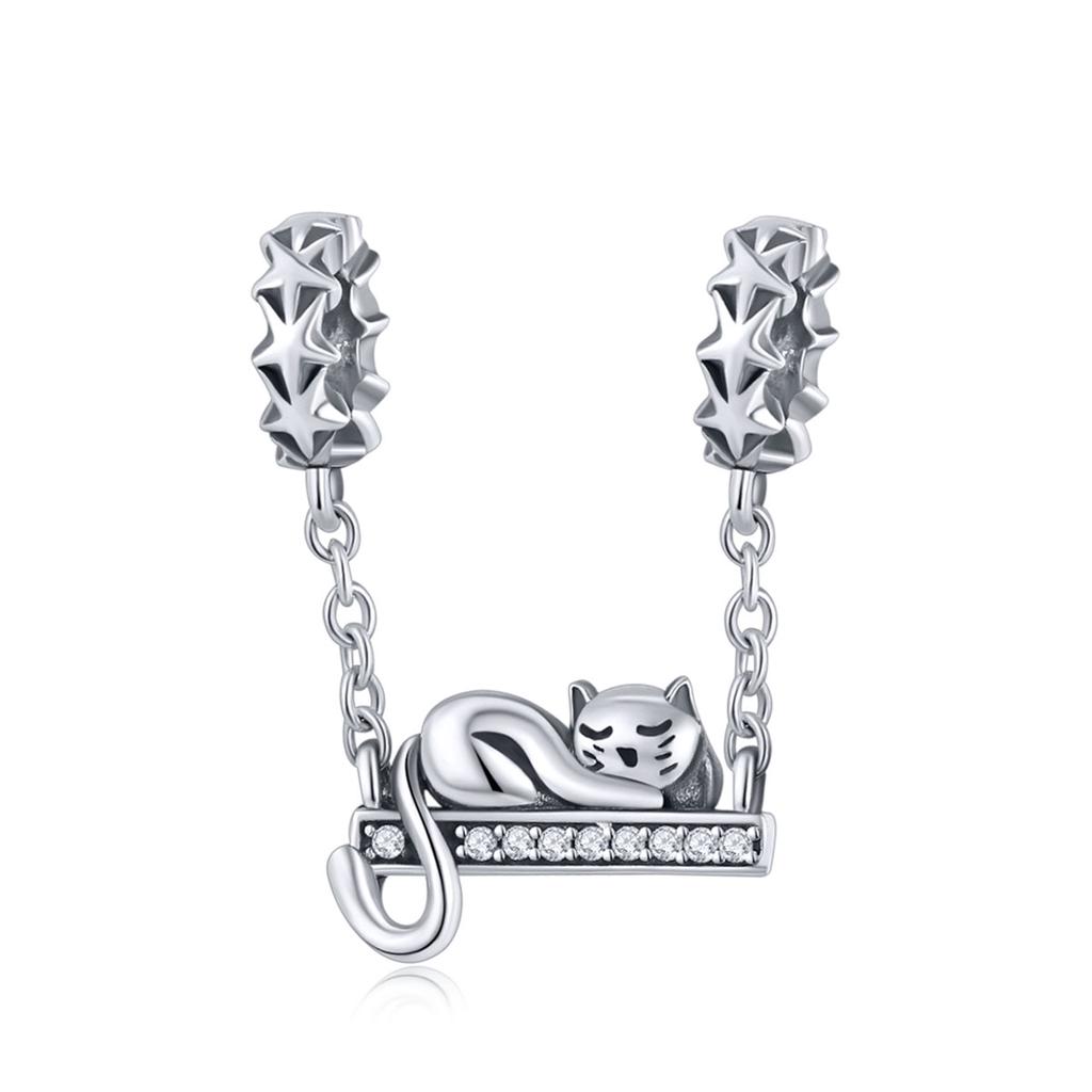 WOSTU 100% 925 Silver Cute Kitty Black Cat Charms Animal Bead for Women Fit DIY Bracelet Necklace Jewelry Gift