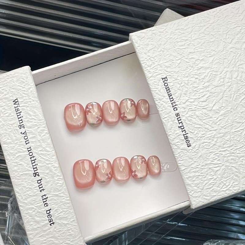 10pcs Handmade Press on Nails Cat Eye Flower Flash Full Coverage Nail Pieces Short Oval Detachable Wearable Nails for Women And XS