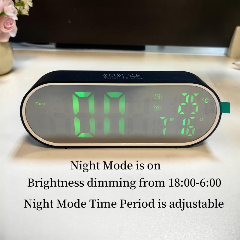 Wiederaufladbarer digitaler Wecker, Temperatur, Datum, Woche, 2 Alarme, Nachtmodus, Schlummerfunktion, 12/24 Stunden, Anti-Störung, Sprachsteuerung, LED-Spiegeluhr