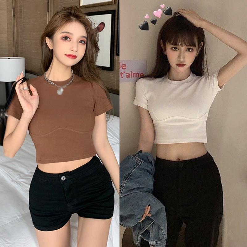 

Летние женские укороченные футболки с коротким рукавом и круглым вырезом, узкие однотонные женские топы, универсальные шикарные топы Y2K