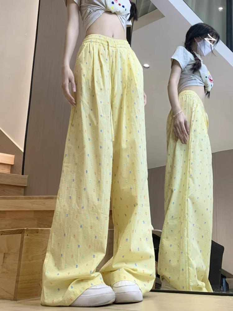Women's High Waist Polka Dot Wide Leg Pants - Yellow