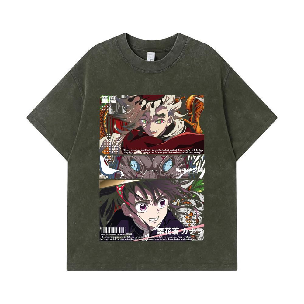 275 GSM Washed T-shirts 100% Cotton Demon Slayer V30 Kanao x Doma Black Print Unisex Heavy Cotton T Shirt