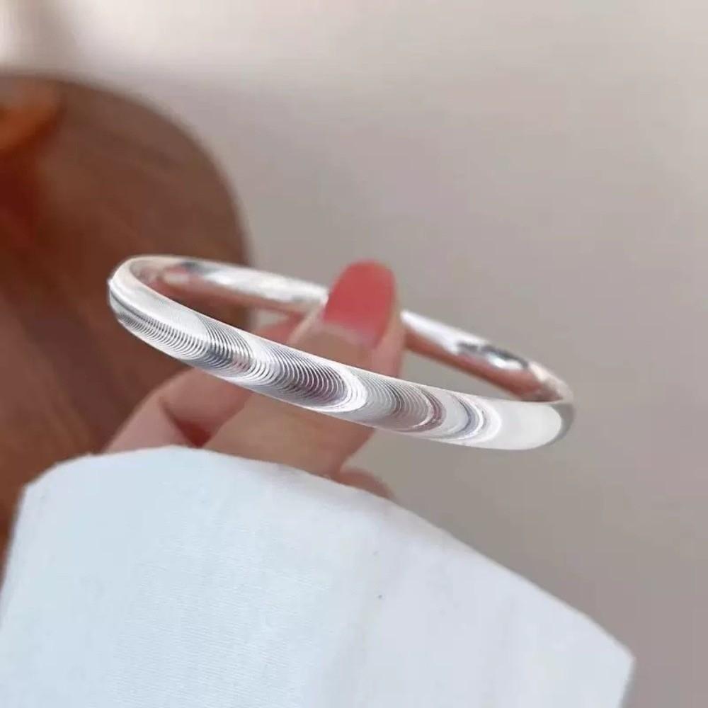 Waterproof Opening Brushed Bangle with Ripple Pattern Silver Wrist Circle Cat's Eye Bracelet Women