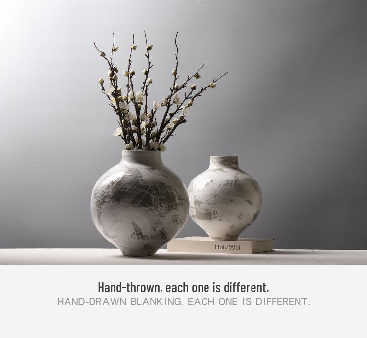 Large Modern Minimalist Chinese Zen White Glazed Art Pottery Vase with Hand-Painted Sweep Stroke Pattern