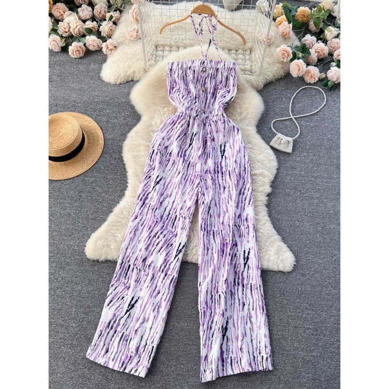Spring and Summer New Holiday Travel Hot Street Tie-Dye Sling Fashion Chiffon Drape Halter Wide Leg One-Piece Long Pants