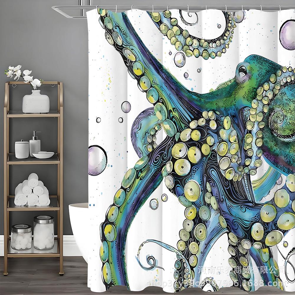 Shower Curtain Set: Green Octopus Design, 4-Piece, Waterproof, No-Drill Installation, American Style.