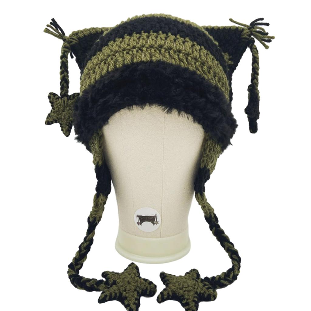 High Elastic Windproof Cat Ear Hat Knitted Stripe Pattern Hat for Women Men Keep Ear Warm Hat with Dangle Star Tassels