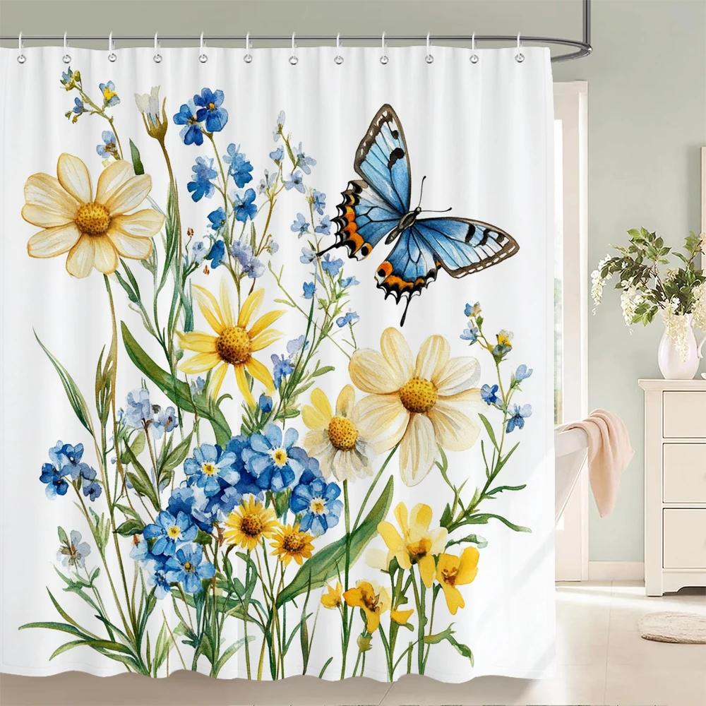 

Watercolor Flowers, Leaves And Butterflies Shower Curtain Floral Printed Bathroom Bath Curtain Home Decor Curtain With Hooks W60H190(CM)-1 Pcs