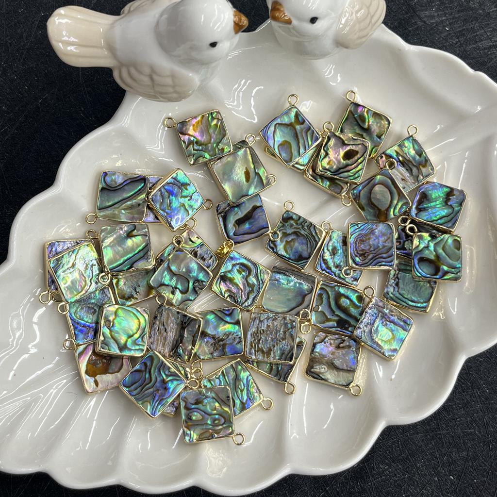 1Pc, Natural Abalone Shell Square Pendant Golden Trim Iridescent Charm for DIY Boho Jewelry Making Necklace & Earrings, 14mm Crafts Gifts