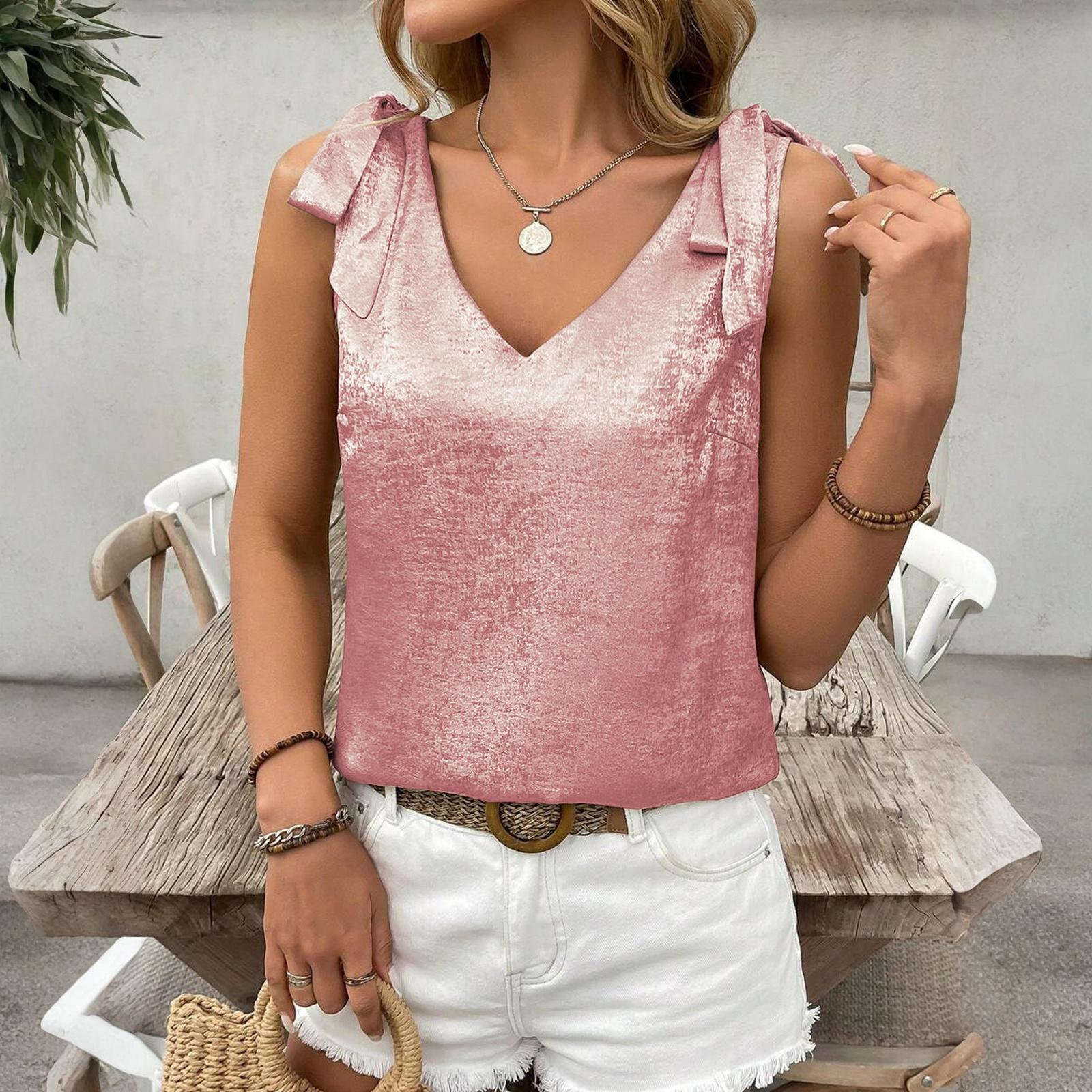 Fashionable Women s Gold Foil V,Neck Tie Bow Sleeveless Camisole L розовый