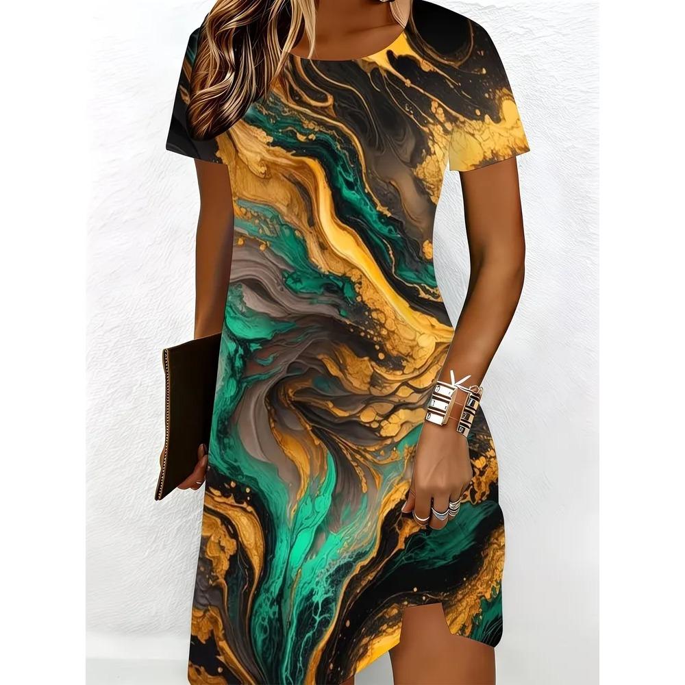 Creative Retro Geometric Stripes Patterns Women Mini Dresses Summer Short Sleeve Printed Plus Size Casual Comfortable Soft Dress