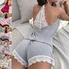 Ensemble Pyjama Décontracté à Col Halter avec Détail en Dentelle et Short
