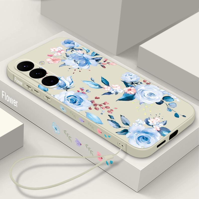 Retro Flower Print Lanyard Phone Case For Samsung Galaxy A57 A17 A56 A16 A55 A15 A36 S24 S25 FE S26 S25 S23 S22 Ultra Soft Cover