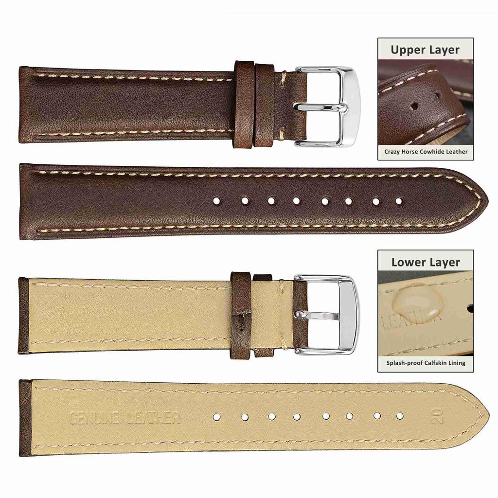 Watch Strap 20mm Watch Replacement Strap Vintage Watch Band Genuine Leather Adjustment Tool and Spring Bar Included [WOCCI] (Dark Brown/Contrast