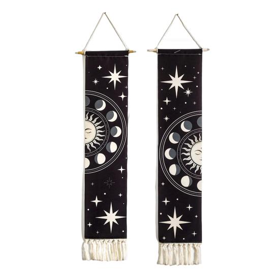 Fringed Tapestry, Soft Cotton with Sun Moon Star Prints Wall Hanging, Bohemian Style Doorway Curtain for Bedroom Living Room