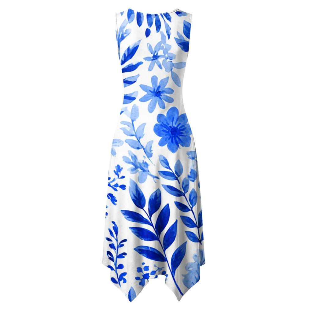 Women Sleeveless Casual Floral Print Dress Round Neck Irregular Hem Mid Length Summer Dress Lightweight Comfortable