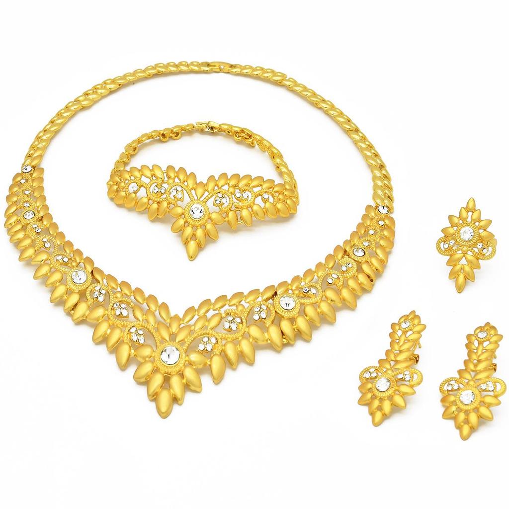 24K Gold-Plated Bridal Jewelry Set: Necklace & Earrings, Middle Eastern Wedding Style, Dubai Four-Piece Set