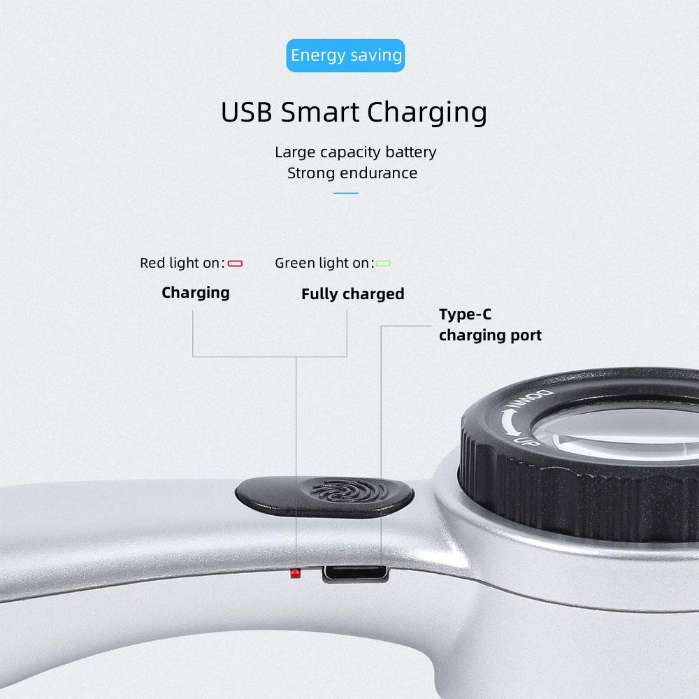 30x Handheld Rechargeable Magnifier With 4-color Led Light For Antiques Jewelry Appreciation Reading Books And Fine Inspection