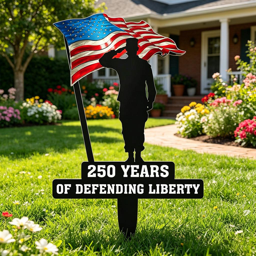 Metal Garden Stake Featuring Soldier Silhouette and Flag Design Commemorating 250 Years of Defending Liberty for Outdoor Display