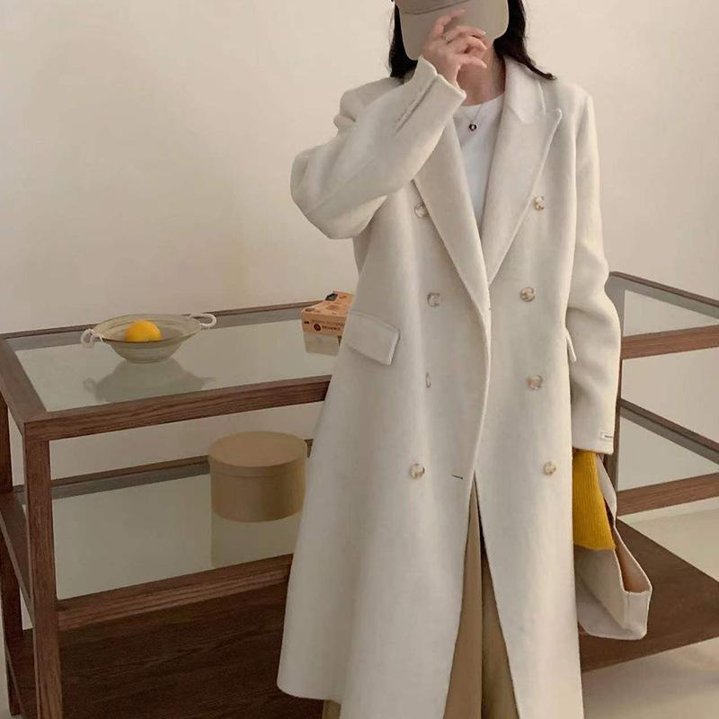 

Autumn and winter new double-sided wool coat women s extended front shoulder double-breasted solid-color woolen coat S молочный белый