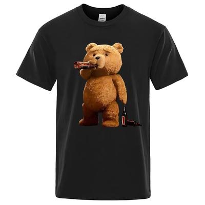 Schöner Teddybär trinkt Bier Foster lustig bedrucktes Herren T-Shirt kurz zufällige Ärmel Locker Übergröße T Street Hip Hop Shirts