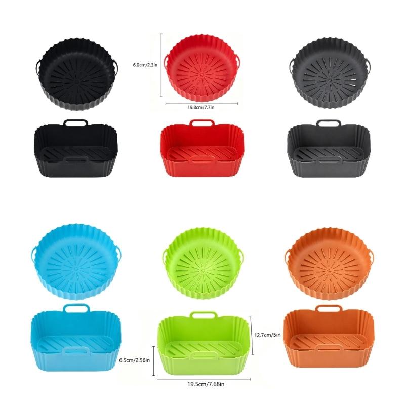 Round and Square Cooking Basket Trays in Reusable Silicone with Grip Handle Design and Crumb Collecting Base Pair