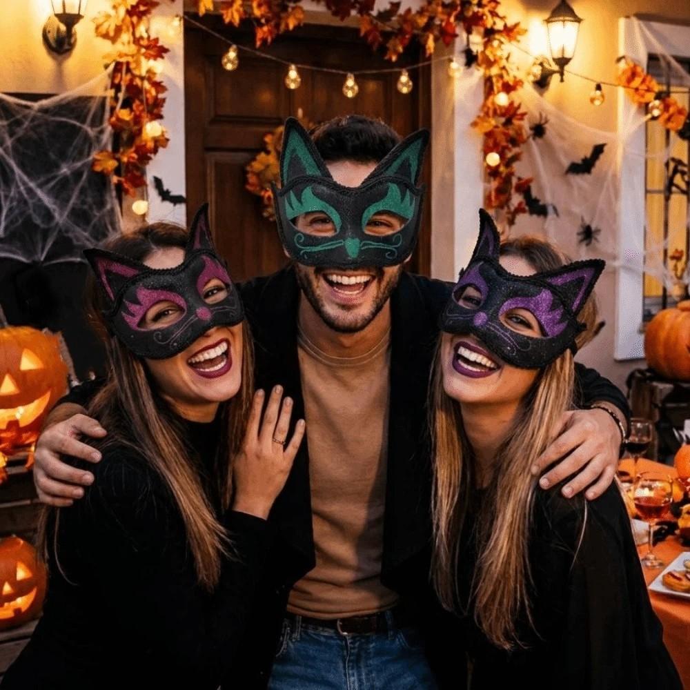 3D Cat Texture Glitter Cat Half Face Mask Funny Cosplay Halloween Cat Party Eye Mask  Themed Party
