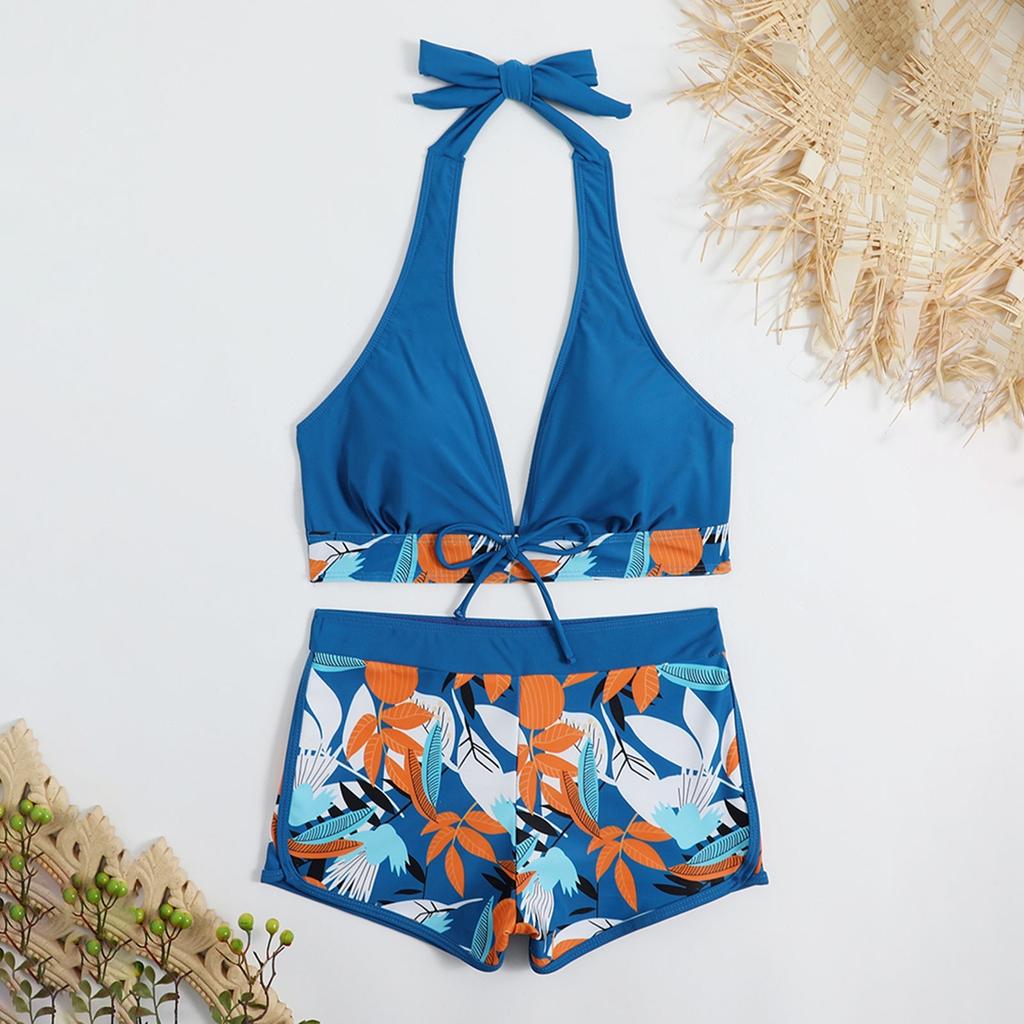 Women's Paneled Printed Swimsuit Ladies Split Boxer High Waist Swimsuit Two-Piece Set