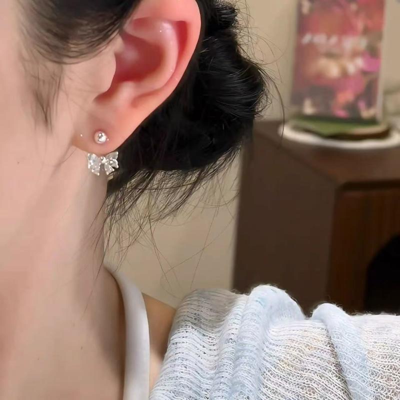 Silver Color Zircon Bowknot Stud Earrings For Women Minimalist Cute Fashion Jewelry Detachable Accessories