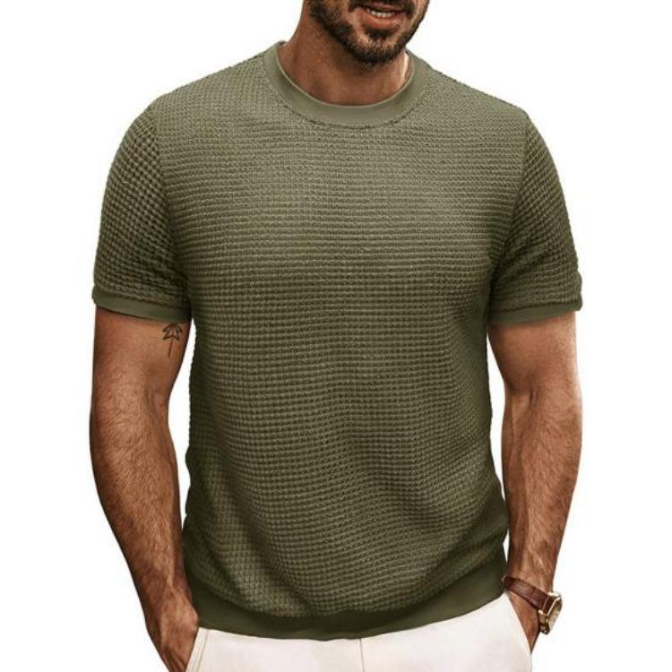 Summer Slim Fit Ribbed Elastic T-shirt Men Casual Knitted Round Neck Short Sleeves Pullover Solid Color Daily Tops Clothes