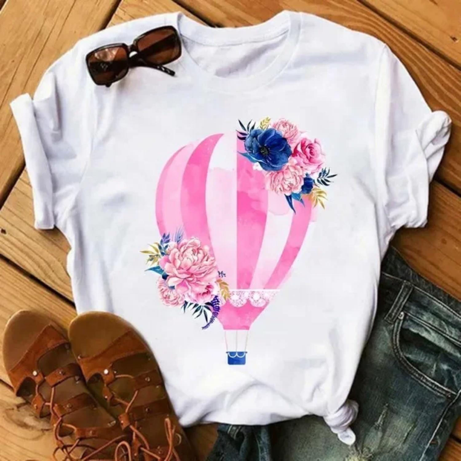 

Fashionable Printed Women s T-Shirt Short Sleeves Crew Neck Flower Decorated Base Layer Top Plus Size Fast Selling Independent S XXXXXL білий