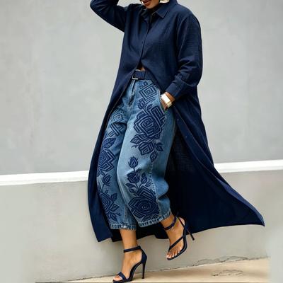 Navy Blue Rose Print Eight-point Jeans Set, One European and American Large-size Women's Clothing.