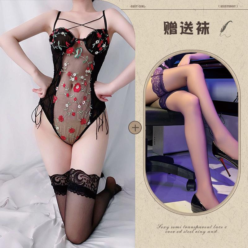 Sexy Ladies Mesh Embroidery Perspective Onesie Sexy Pure Sexy Underwear Set