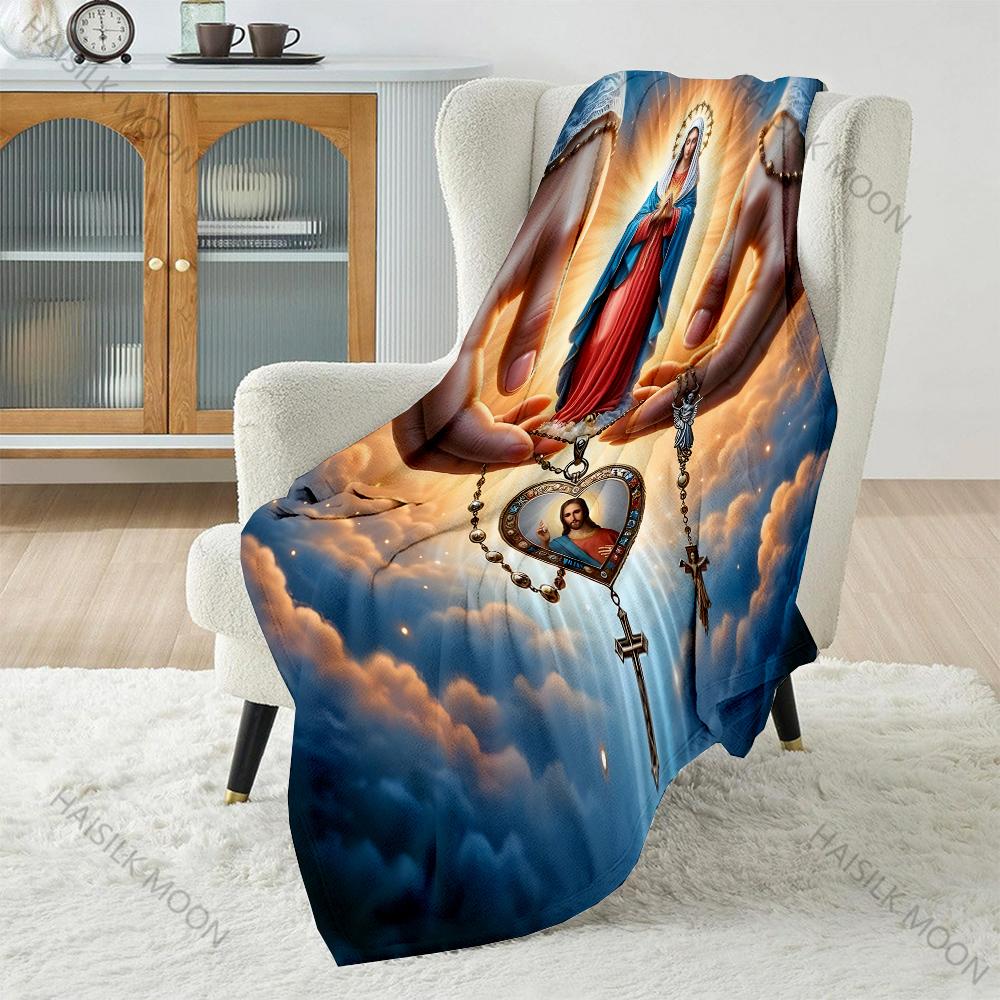 1PC Virgin Mary holding rosary Print Believer Pray blanket Warm soft flannel material suitable for all seasons luxurious gift
