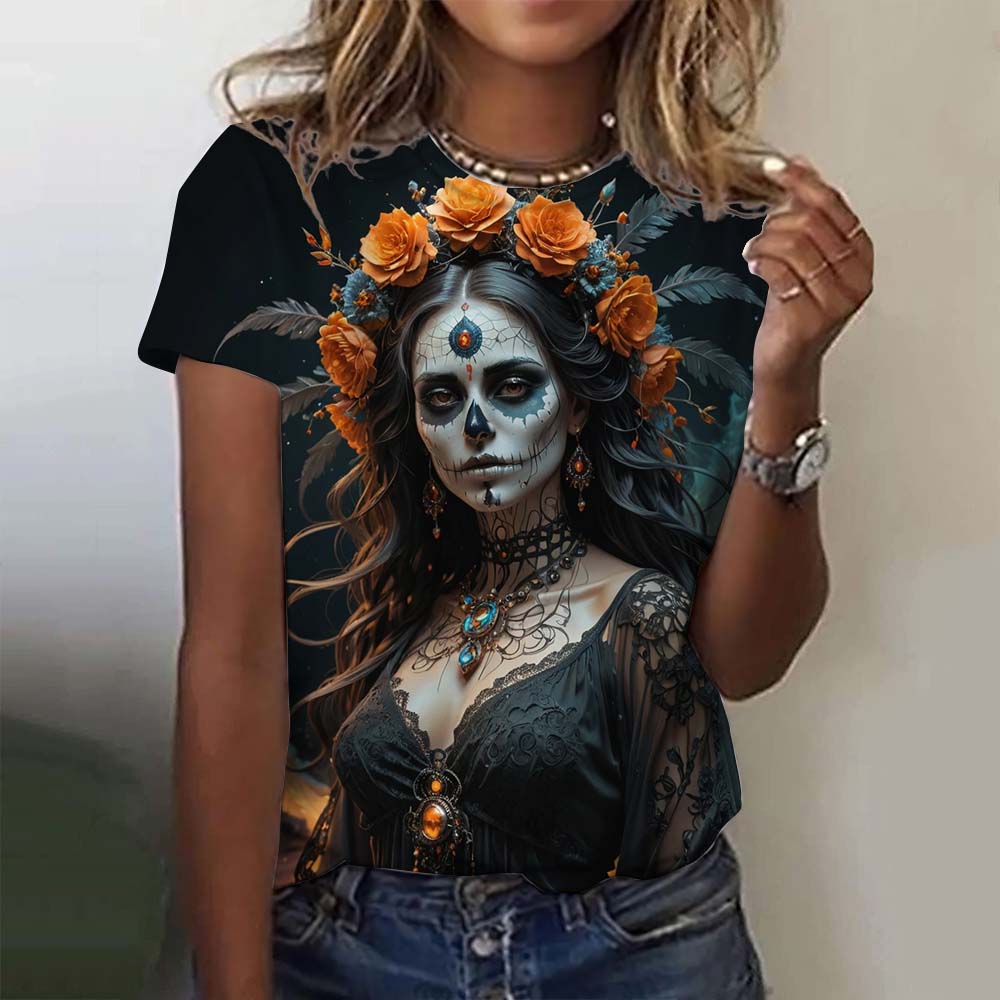 Girls' short sleeve women's T-shirt, casual sexy summer Day of the Dead skeleton pattern loose top.