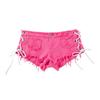 Pantaloncini di Jeans da Donna a Vita Media con Lacci Laterali Cutout Vestibilità Slim Hot Pants Alta Elasticità Orlo Grezzo Sfilacciato per Street Club Party
