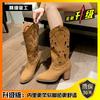 2025 summer new foreign-style western cowboy boots embroidered hollow Martin boots medium tube thick heel V-mouth rivet knight boots~