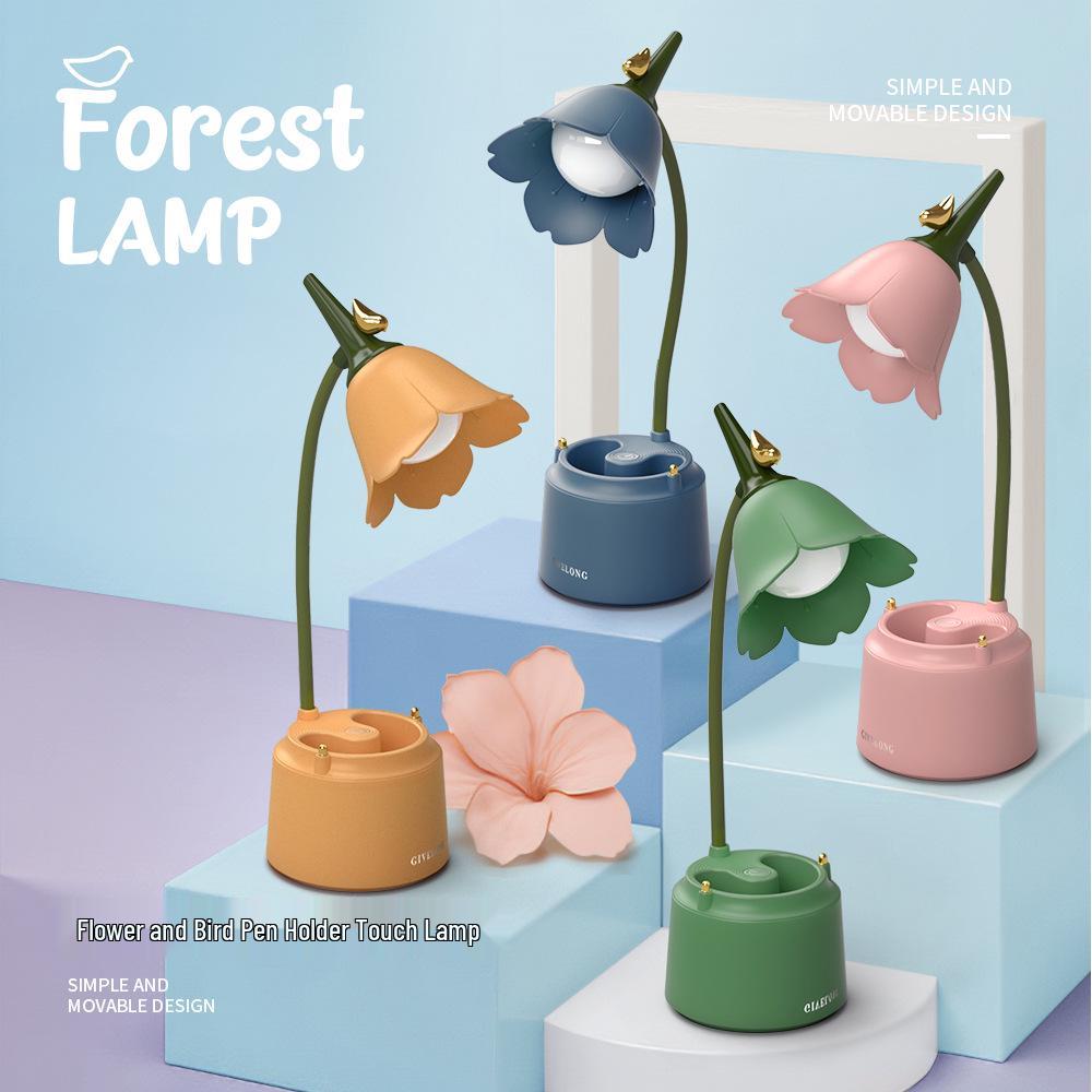 Elegant LED Touch Lamp with USB Charging - Flower and Bird Design Pen Holder, Eye-Caring for Bedrooms and Study Rooms.