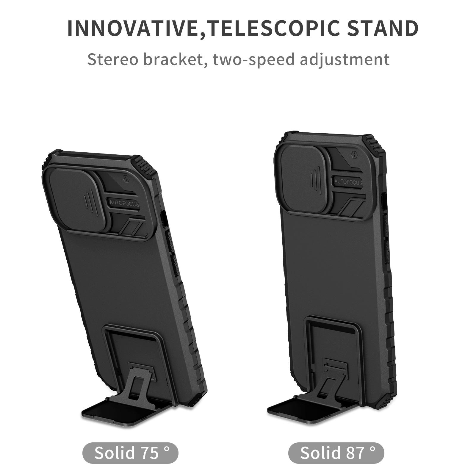 

For iPhone 13 Pro 6.1 inch Camera Slider Design Adjustable Vertical Kickstand Phone Case PC+TPU Protective Cover Blackish Green
