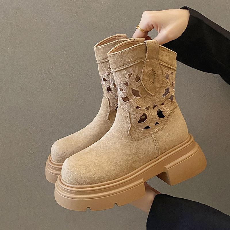 New Retro Hot Girl Western Cowboy Short Boots Hollow Breathable Heightened Martin Boots