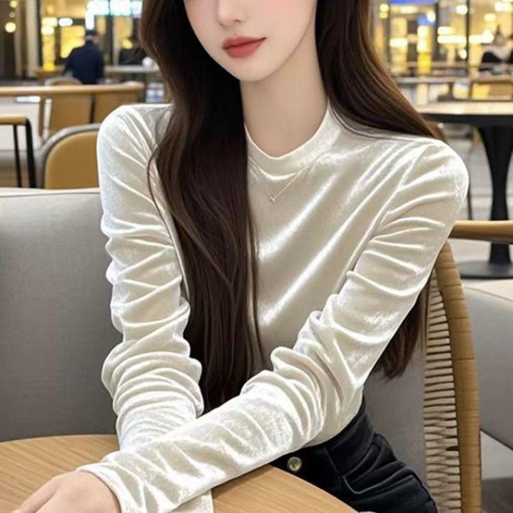 Cross2026 Elegant French Style Velvet Round Neck Slimming Long Sleeve Women's Top