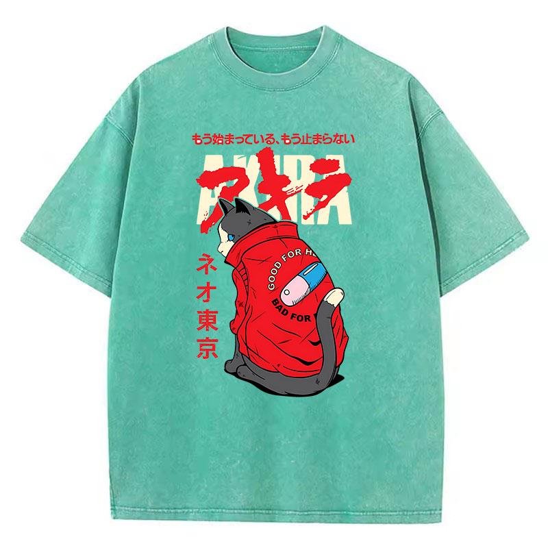T Shirt Vintage Washed Cotton T-Shirt Japanese Anime Akira Tokyo Cat Graphic Tee Casual Streetwear Spring Summer