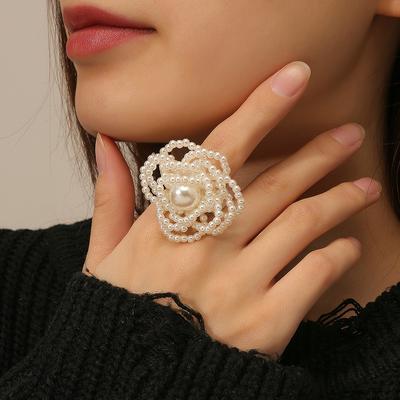 Anello Fiore Perla Imitazione da Donna Anelli da Indice Delicati Eleganti Gioielli di Perle Perline Fatti a Mano Accessori Temperamento