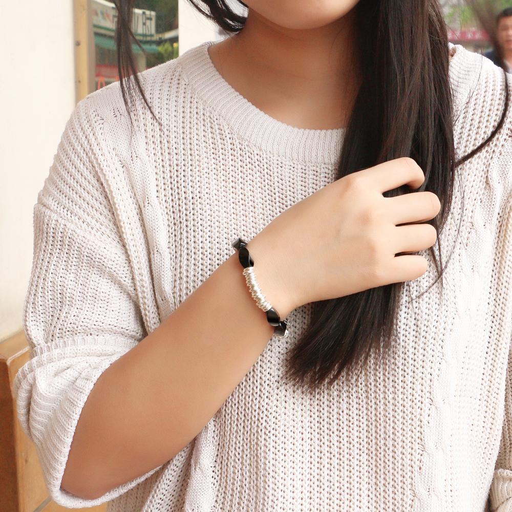 925 Sterling Silver Elastic Bracelet Personality Women Black Agate Bracelet Fashion Fine Jewelry 