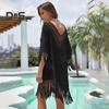 Beach Cover Up Dress V-Neck Woven Hollow Neckline Fringed Cuffs Hem Bikini Cover Up UV Protection Beach Dress