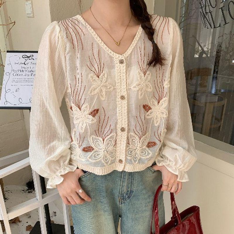 

Spring and Summer New Arrival Sweet French Style V-neck Stylish Cut Out Crochet Chiffon Patchwork Long Sleeve Shirt Top Sun Protection Shirt Orange Free size