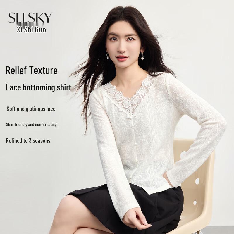 Sllsky Women s French Style Embossed Lace V-neck Top S