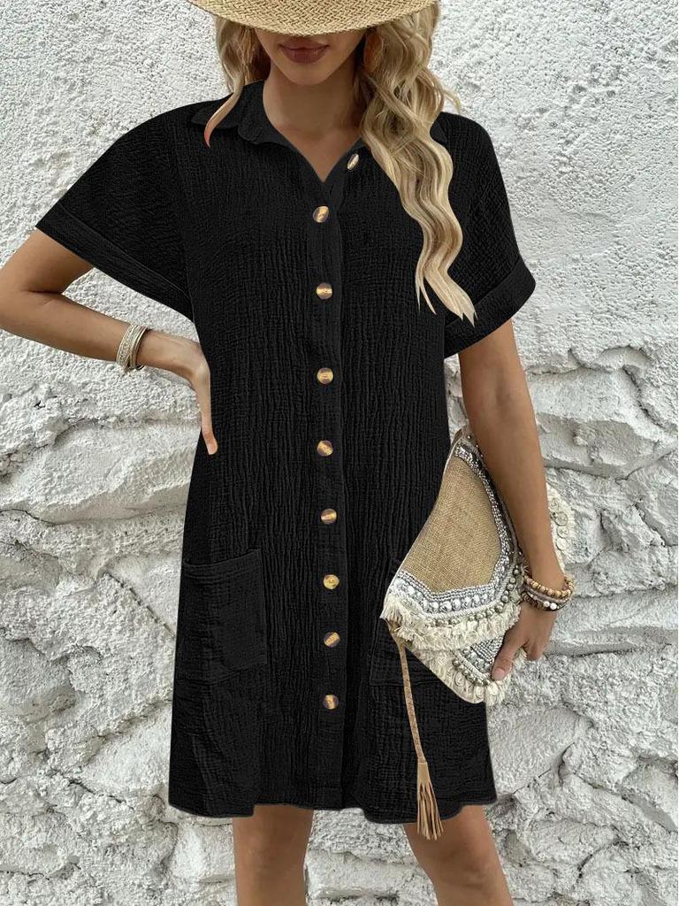 In-Stock European & American Summer Solid Color Casual Lapel Button Shirt Dress for Women